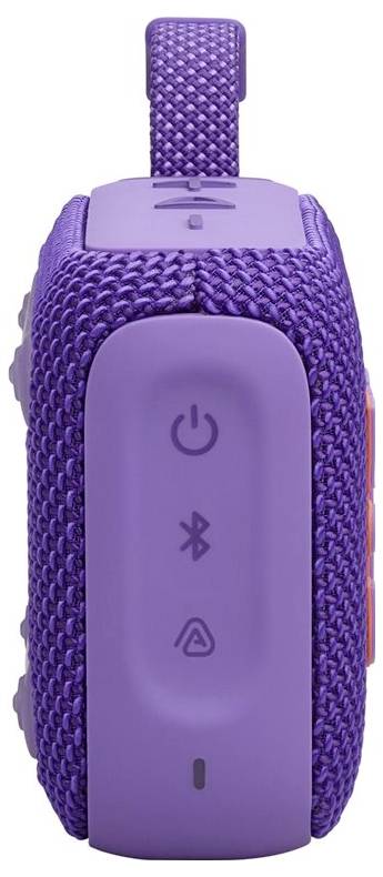Ein lila Bluetooth-Lautsprecher mit einer Stoffschlaufe oben, auf dessen Seitenpanel Strom-, Bluetooth- und Warnungssymbole zu sehen sind.