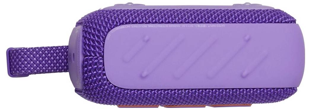 Ein lila tragbarer Bluetooth-Lautsprecher mit gewebter Textur und seitlichem Bedienfeld.
