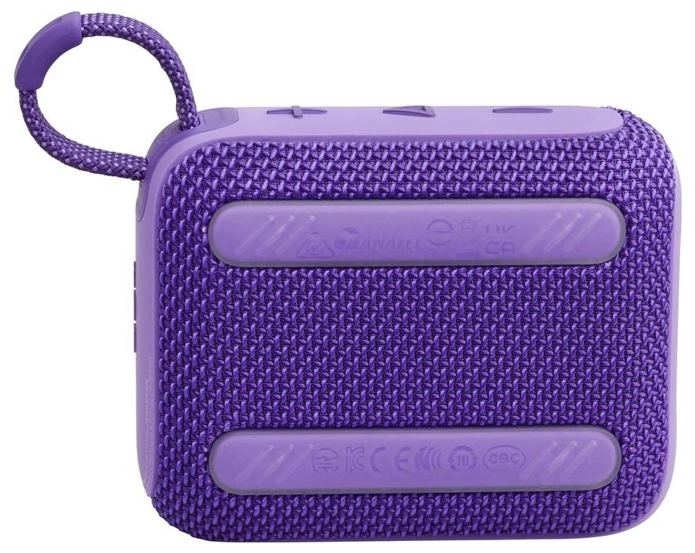 Ein lila tragbarer Bluetooth-Lautsprecher mit strukturierter Oberfläche, Bedienungstasten auf der Oberseite und einer kleinen Schlaufe zum Tragen.