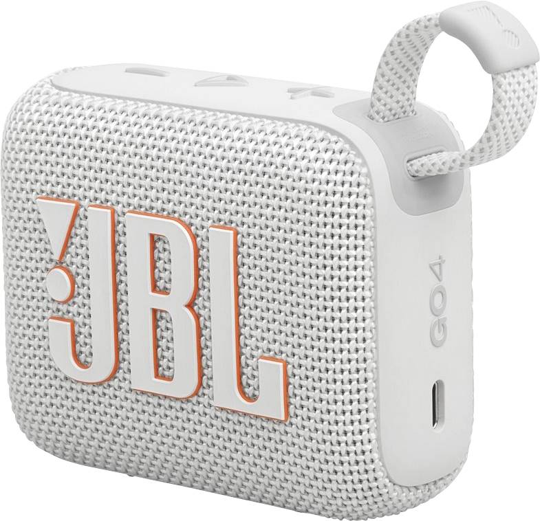 Ein grauer JBL GO4 tragbarer Bluetooth-Lautsprecher mit gewebter Textur und orangefarbenem Logo, ausgestattet mit einer Stoffschlaufe zum einfachen Tragen.