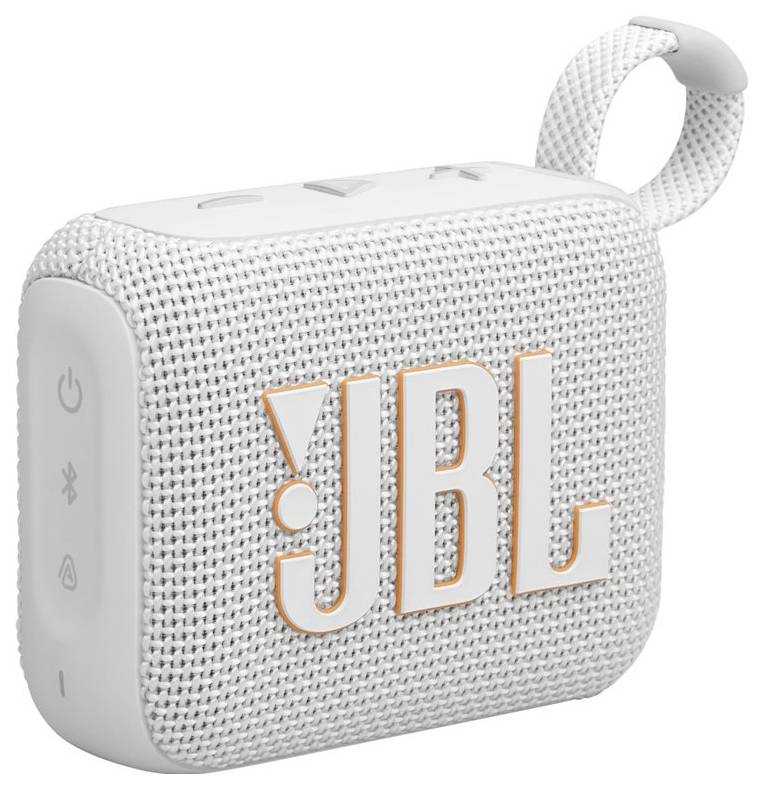 Ein tragbarer weißer JBL Bluetooth-Lautsprecher mit Bedienungstasten auf der Oberseite und einer Schlaufe an der Seite zum einfachen Tragen.
