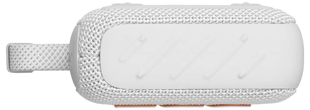 Ein kompakter, rechteckiger tragbarer Lautsprecher mit einem strukturierten Stoffbezug und einem kleinen Trageriemen an der Seite. Seine Oberfläche ist matt und hellgrau.