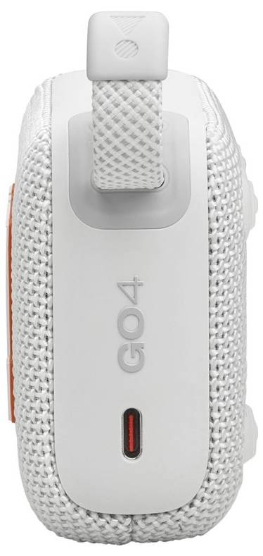 Tragbarer weißer Lautsprecher mit einer strukturierten Oberfläche. Das Wort 'GO4' ist an der Seite aufgedruckt, und ein Trageriemen ist angebracht.