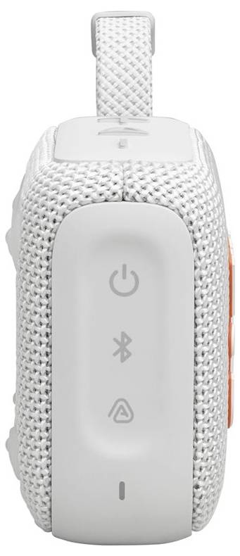 Ein Nahaufnahmebild der Seite eines weißen Lautsprechers, das Energie-, Bluetooth- und Wiedergabetasten auf seiner Oberfläche zeigt, mit einer strukturierten Griffzone.