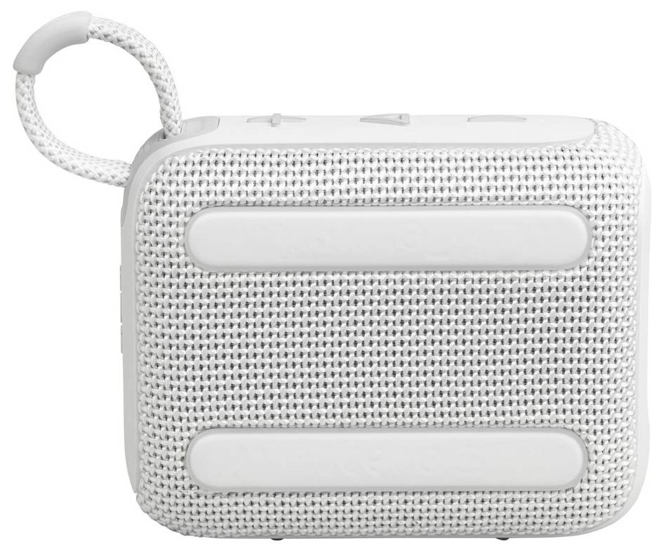 Ein kleiner, tragbarer Lautsprecher mit weißer gewebter Textur und einer Trageschlaufe oben, der für einfachen Transport konzipiert ist.