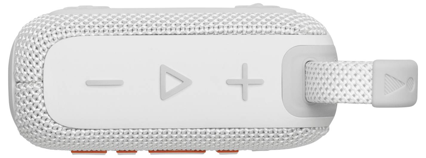 Eine Nahaufnahme eines tragbaren Lautsprechers, auf der drei Tasten zu sehen sind: Minus, Wiedergabe und Plus. Eine Schlaufenriemen ist auf der rechten Seite befestigt.
