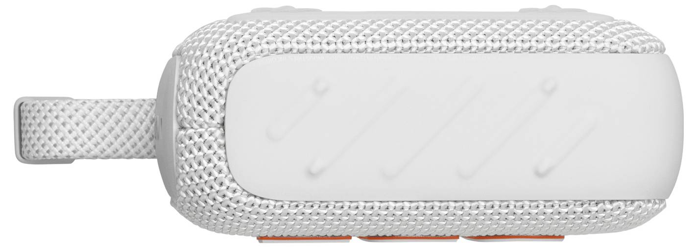 Ein kompakter, rechteckiger drahtloser Lautsprecher in Weiß mit strukturierten Seiten und einem kleinen Griff auf der linken Seite.