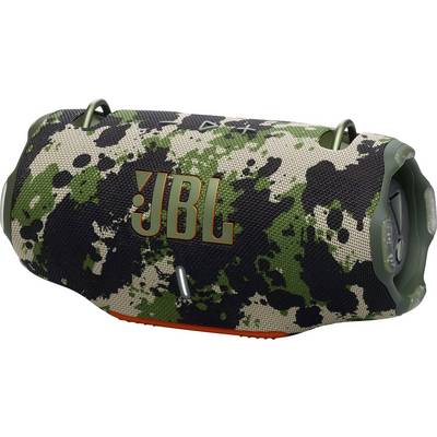 JBL-Tragbarer Lautsprecher mit Tarnmuster, orangefarbenem Logo, robustem Stoffbezug und widerstandsfähigem Design, speziell für den Einsatz im Freien konzipiert.