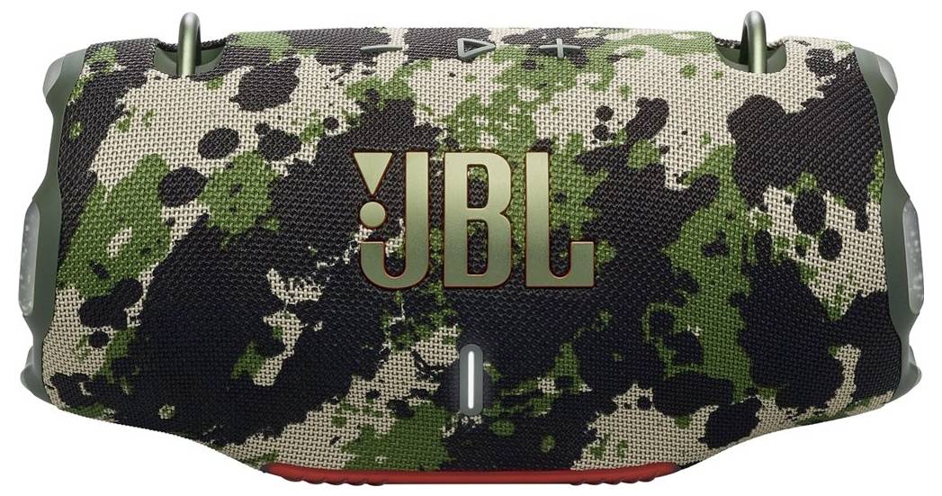 Ein tragbarer JBL-Lautsprecher mit Tarnmuster, der in Grün-, Schwarz- und Tanfarben gehalten ist.