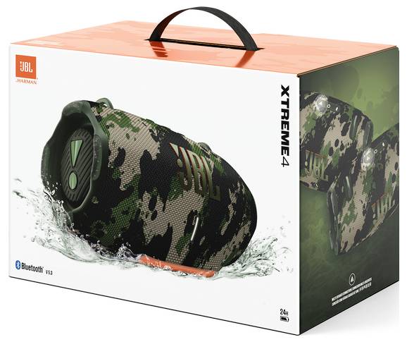 Box der JBL Xtreme 4 Lautsprecher mit Camouflage-Design. Funktionen umfassen Bluetooth 5.3, 24-Stunden-Spielzeit und spritzwassergeschützte Qualität.