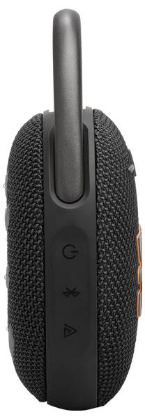 Ein tragbarer schwarzer Bluetooth-Lautsprecher mit einer robusten Stoffaußenhülle und sichtbaren Bedienungstasten an der Seite, einschließlich Ein/Aus-Schalter und Lautstärkeregelung.