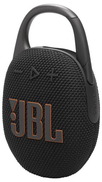 Schwarzer tragbarer JBL-Lautsprecher mit integriertem Karabiner, Bedienungstasten auf der Oberseite, strukturierter Oberfläche und orangefarbenem JBL-Logo auf der Vorderseite.