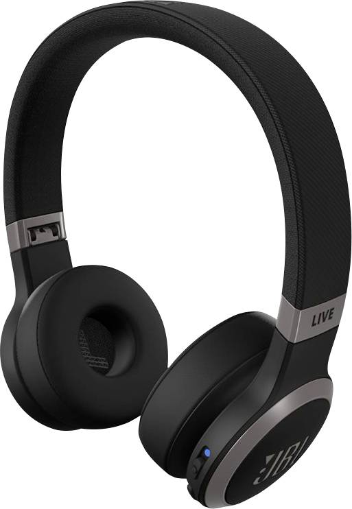 Schwarze kabellose Over-Ear-Kopfhörer mit einem blauen Indikator-Licht, ausgestattet mit gepolsterten Ohrmuscheln und dem Markenlogo auf den Ohrmuscheln.