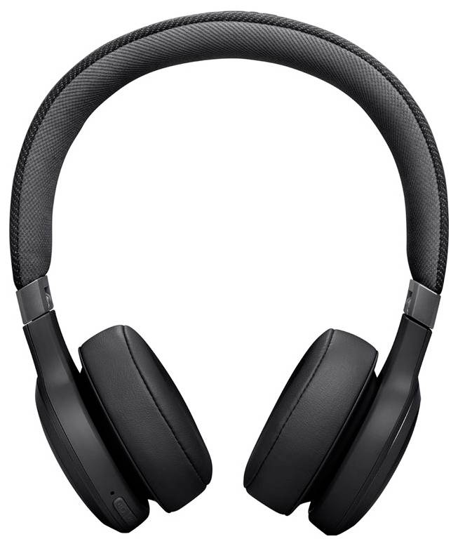 Schwarze Over-Ear-Kopfhörer mit gepolsterten Ohrmuscheln und einem schlanken Kopfbügel, aufrecht gegen einen weißen Hintergrund positioniert.