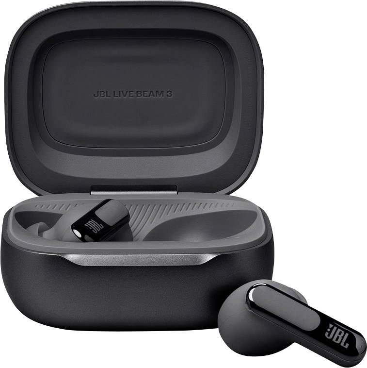 JBL Live Beam 3 schwarze kabellose Kopfhörer in einem Ladeetui, ein Kopfhörer liegt rechts neben dem Etui.