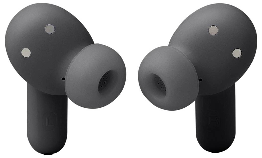 Schwarze kabellose Ohrhörer mit elegantem Design, ausgestattet mit kleinen, kreisförmigen Touchsteuerungen auf der Außenseite. Linker und rechter Ohrhörer werden dargestellt.