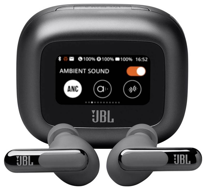 Kabellose Ohrhörer mit Ladeetui, ausgestattet mit einem digitalen Display. Der Bildschirm zeigt Umgebungsgeräusche und ANC-Einstellungen sowie den Batteriestatus.