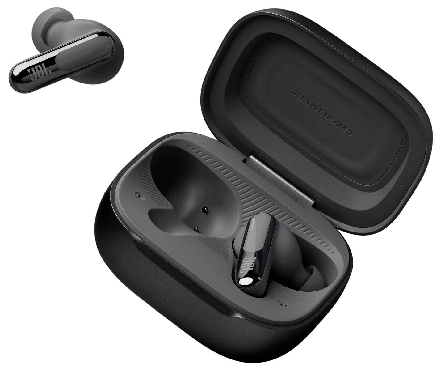 Schwarze kabellose Ohrhörer und Ladegehäuse mit elegantem Design. Die Ohrhörer verfügen über eine glänzende Oberfläche und passen sich präzise in das Gehäuse ein.