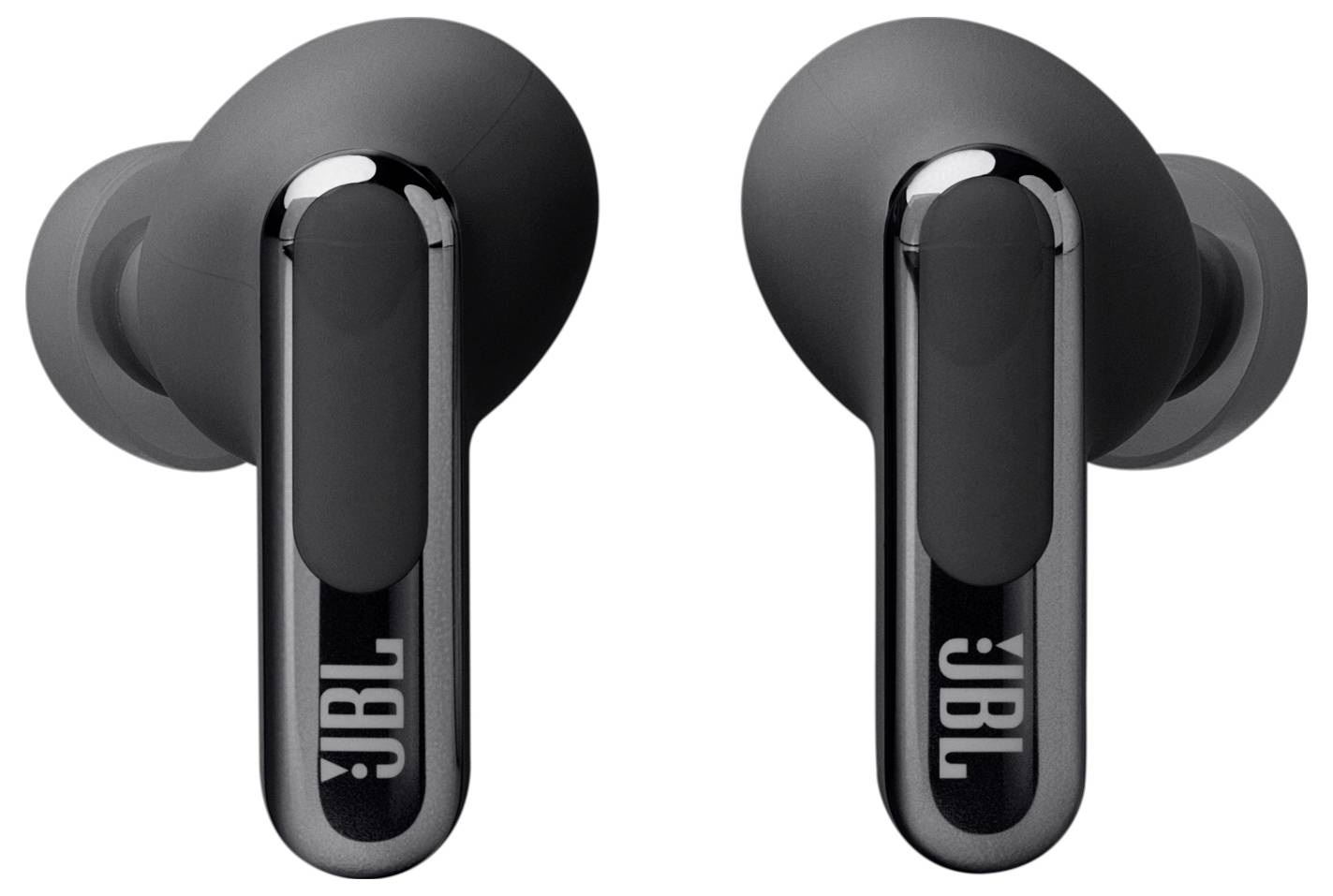 Schwarze kabellose Ohrhörer mit elegantem Design und metallischer Oberfläche, die auf jedem Hörer das 'JBL'-Logo tragen.