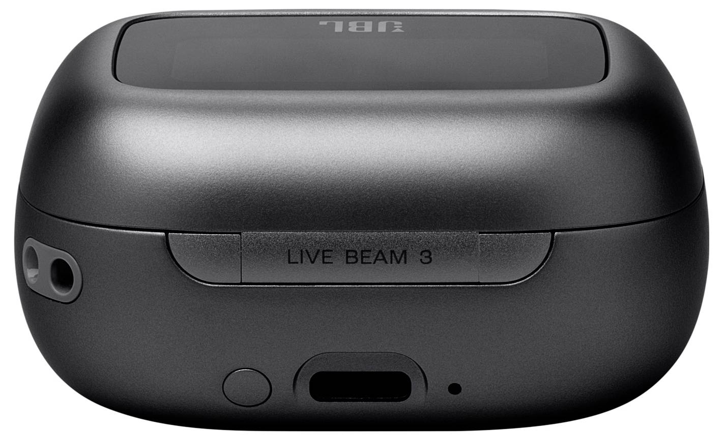 Ein schwarzes JBL-Audiogerät mit der Beschriftung "LIVE BEAM 3" an seiner Seite verfügt über einen Ohrhörer-Anschluss und eine Ladeoberfläche, von hinten betrachtet.