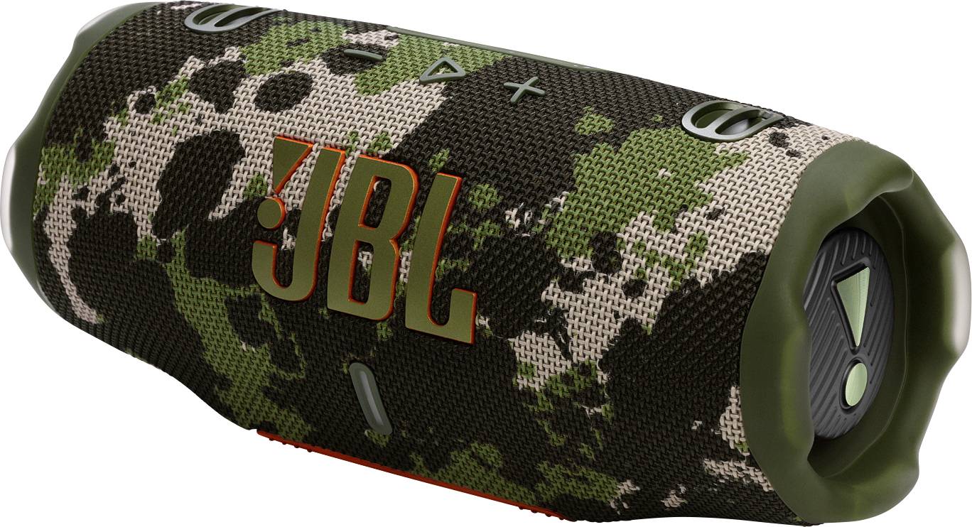 Ein tragbarer Bluetooth-Lautsprecher mit Tarndesign und 'JBL' Logo, ausgestattet mit Bedienungstasten auf der Oberseite für Lautstärke und Wiedergabe.