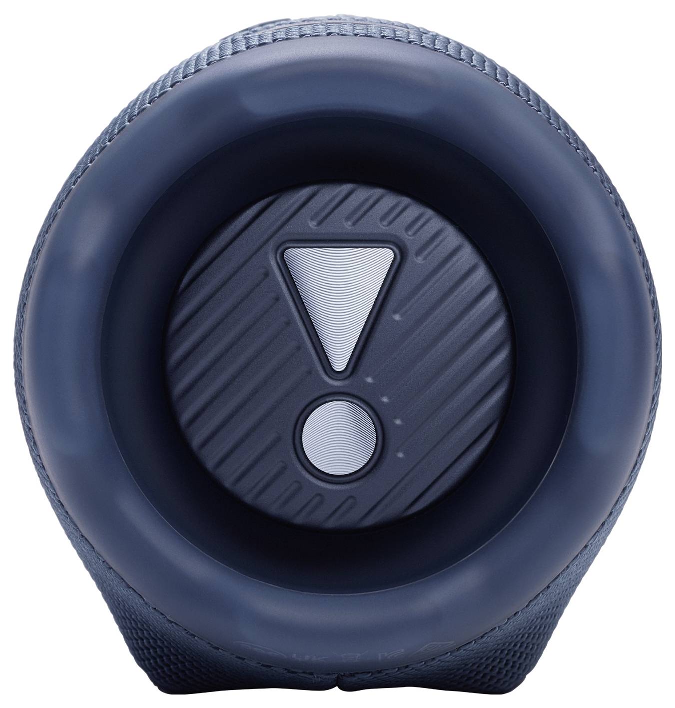 Ein dunkles rundes Lautsprechergerät oder Gerät mit einem Ausrufezeichen-Symbol in einem kreisförmigen Bereich auf der Vorderseite, das einen Alarm oder eine Warnung anzeigt.