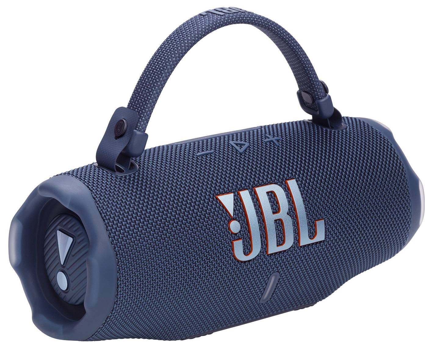 Ein blauer tragbarer Bluetooth-Lautsprecher mit Griff, auf dessen Seite prominent das 'JBL'-Logo prangt.