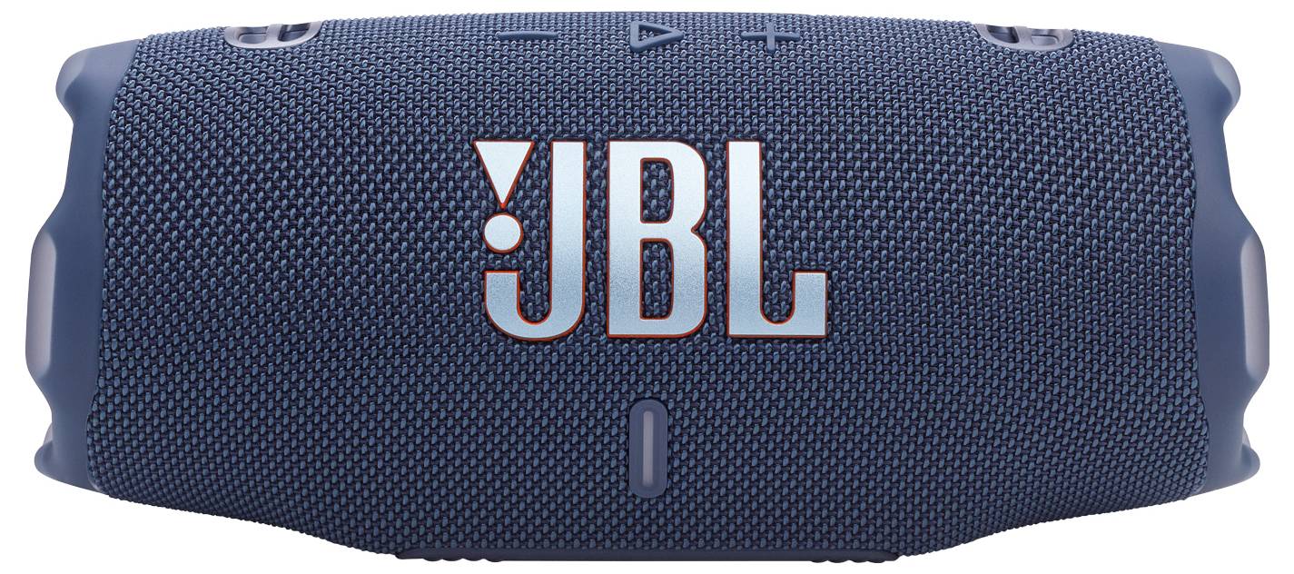 Ein tragbarer Bluetooth-Lautsprecher mit blauem Stoff und dem 'JBL'-Logo in Weiß, mit Bedienungselementen auf der Oberseite für Ein/Aus, Wiedergabe/Pause und Lautstärke.