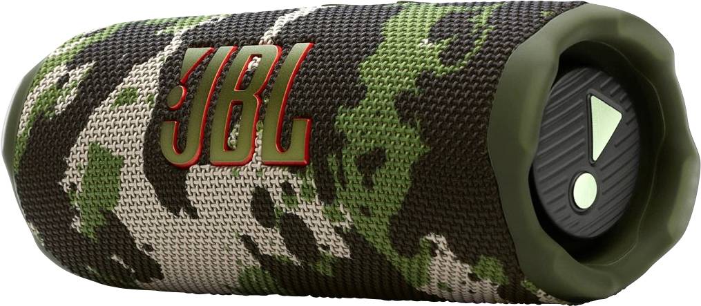 Tragbarer Bluetooth-Lautsprecher mit Tarnmuster und 'JBL'-Logo, ausgestattet mit robustem Design und einer Bedienungstaste an einem Ende.