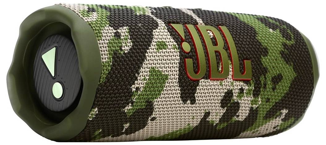 Lautsprecher mit Tarnmuster und 'JBL'-Logo, mit robustem Design und Bedienungstasten an der Seite.