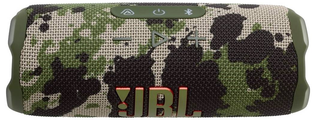 Ein mit Tarnmuster versehener JBL-Portablelautsprecher mit Bedienungstasten auf der Oberseite, die Funktionen wie Ein/Aus, Bluetooth und Wiedergabe umfassen.