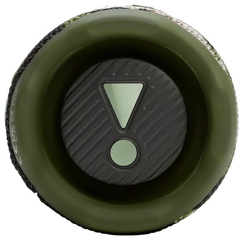 Nahaufnahme eines zylindrischen Objekts mit einer strukturierten, dunklen Oberfläche, das ein grünes Ausrufezeichen in der Mitte trägt, umgeben von einem grünen Rand.