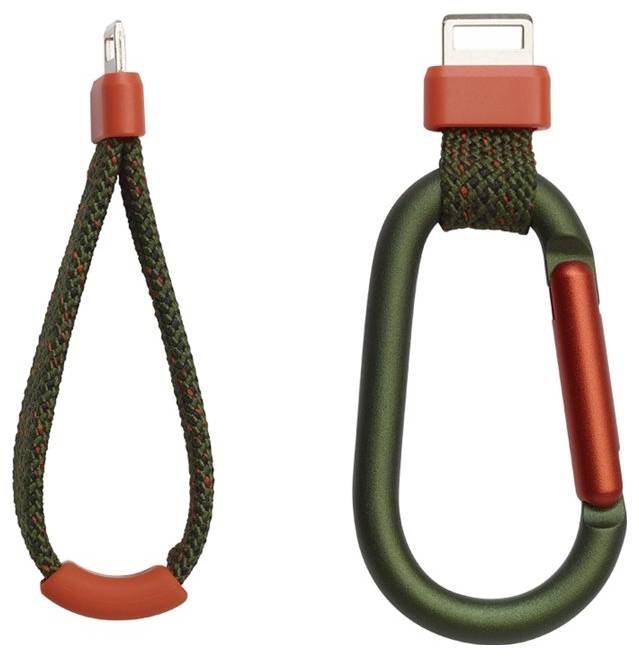 Zwei Kabelschlüsselanhänger: einer mit einer schleifenförmigen grün-roten geflochtenen Kordel und ein anderer mit einem metallischen grün-roten Karabiner-Design.