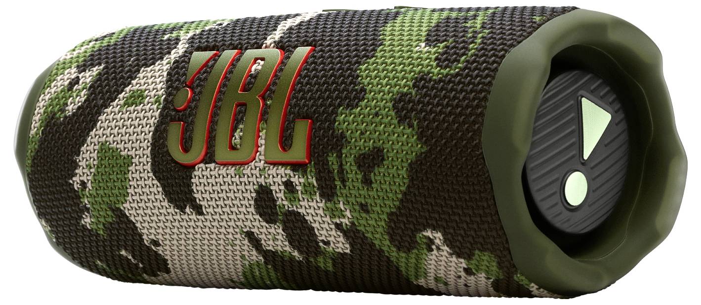 Tragbarer JBL-Lautsprecher im Tarnmuster mit prominentem Logo, ausgestattet mit strukturierter Oberfläche und robustem Design für den Einsatz im Freien.