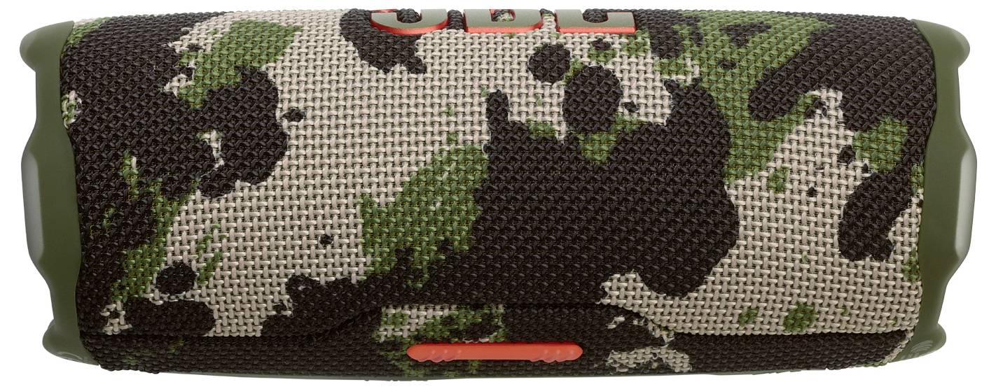 Ein tragbarer Lautsprecher mit einem schwarz, weiß und grün getarnten Muster, der Steuerungstasten auf der Oberseite aufweist.