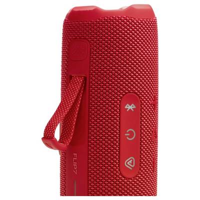 Roter tragbarer Lautsprecher mit strukturiertem Stoffbezug und Bedienungselementen für Ein/Aus, Bluetooth und Wiedergabe/Pause an der Seite.