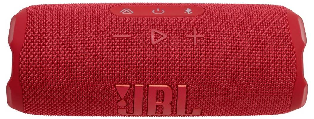 Roter JBL tragbarer Bluetooth-Lautsprecher mit Bedienungstasten oben für Ein/Aus, Wiedergabe/Pause und Bluetooth-Verbindung.