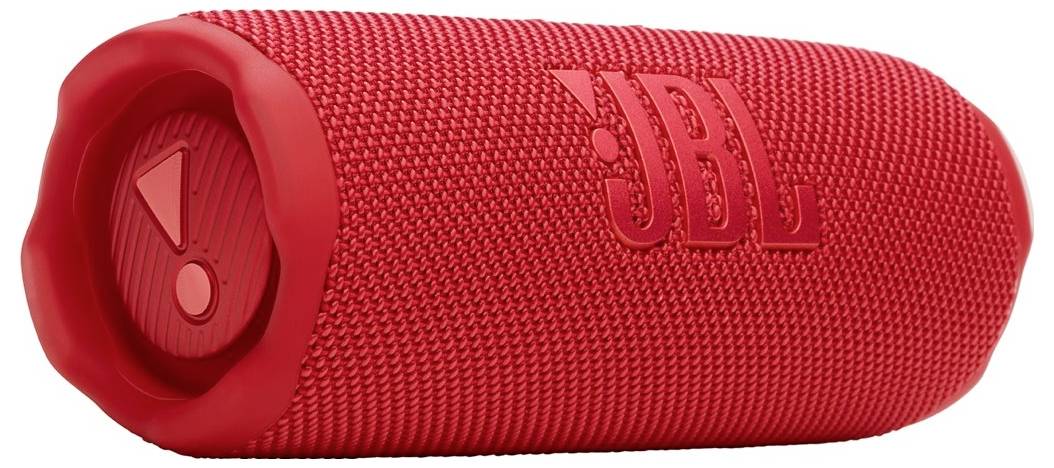 Ein roter tragbarer Bluetooth-Lautsprecher mit strukturierter Oberfläche und dem Logo "JBL" an der Seite, der für den Outdoor-Einsatz konzipiert wurde.