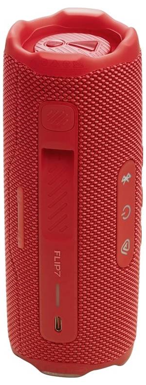 Ein roter tragbarer Bluetooth-Lautsprecher mit strukturierter Oberfläche, versehen mit Lautstärke- und Steuerungstasten an der Seite, speziell für den Einsatz im Freien konzipiert.