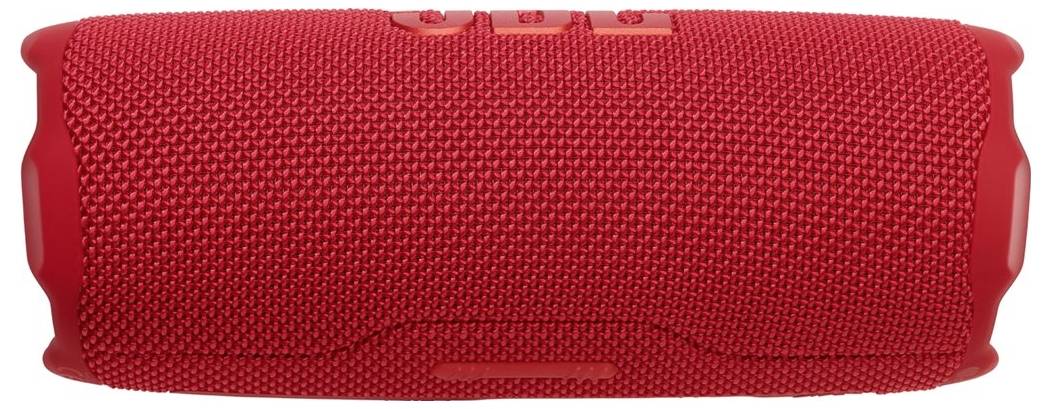 Ein roter tragbarer Bluetooth-Lautsprecher mit strukturierter Oberfläche und Bedienknöpfen oben auf dem Gerät.