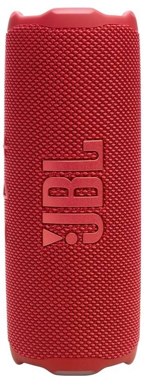 Ein roter tragbarer Bluetooth-Lautsprecher mit strukturiertem Stoffgehäuse und einem auffälligen Logo an seiner Seite.