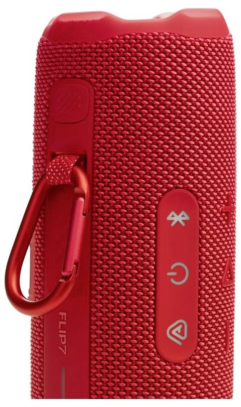 Ein roter tragbarer Bluetooth-Lautsprecher mit Bedienungstasten und einer Klammer an der Seite.