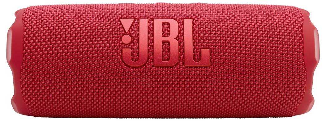 Ein roter zylindrischer Bluetooth-Lautsprecher mit einer strukturierten Oberfläche und dem 'JBL' Logo darauf.