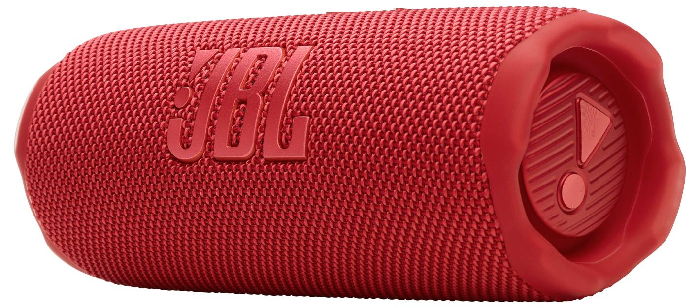 Ein roter tragbarer Bluetooth-Lautsprecher mit einer strukturierten Oberfläche, mit einem auffälligen Logo an der Seite und einem Einschaltknopf am Ende.
