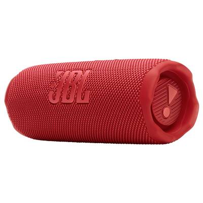 Ein roter tragbarer Bluetooth-Lautsprecher mit einer strukturierten Oberfläche, mit einem auffälligen Logo an der Seite und einem Einschaltknopf am Ende.