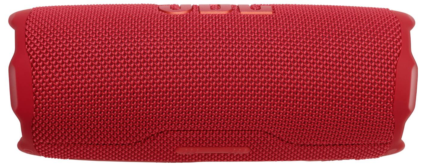 Ein roter tragbarer Bluetooth-Lautsprecher mit einer strukturierten Oberfläche und Bedienungstasten auf der Oberseite.