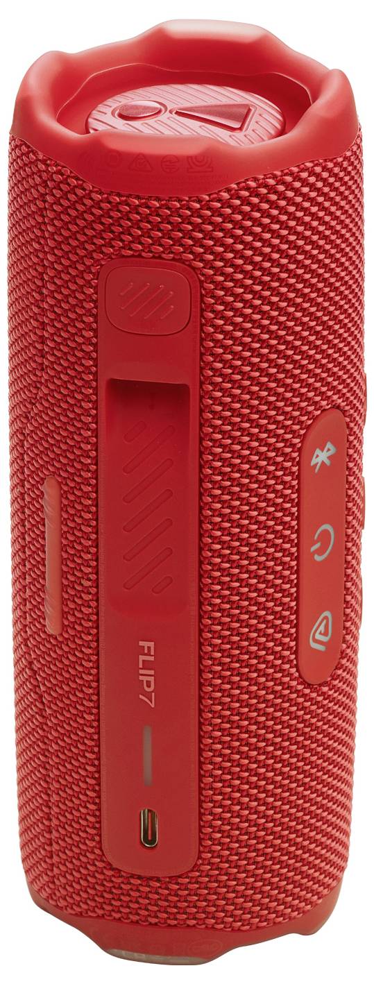Ein tragbarer roter Bluetooth-Lautsprecher mit zylindrischem Maschengitterdesign, mit Bedienungstasten und einem Ladeanschluss an der Seite.