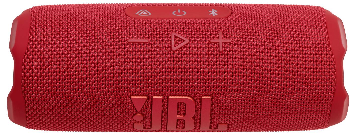 Roter tragbarer Bluetooth-Lautsprecher mit strukturierter Oberfläche, mit Energie- und Bluetooth-Tasten auf der Oberseite, versehen mit dem 'JBL'-Logo.