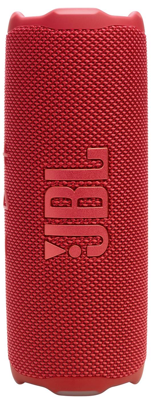 Ein roter tragbarer Bluetooth-Lautsprecher mit einer Außenseite aus strukturiertem Stoff und einem Logo an der Seite.