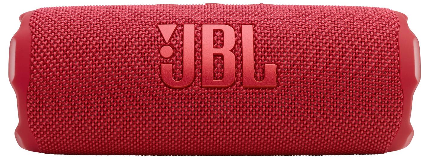 Ein roter JBL tragbarer Bluetooth-Lautsprecher mit einem strukturierten Stoffbezug, entwickelt für den Einsatz im Freien und verbesserte Klangqualität.